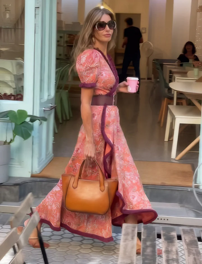 Van Aelen Amsterdam®| Elegante Roze Maxi Dress met Korte Mouwen