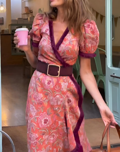 Van Aelen Amsterdam®| Elegante Roze Maxi Dress met Korte Mouwen